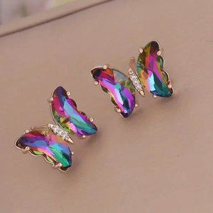 Green and Purple Faceted  Iridescent Butterfly Post Earrings